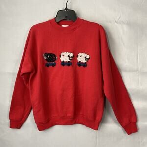 VTG Sweatshirt Cross stitch M Red Black Sheep Embroidered Grannycore 80s Crew